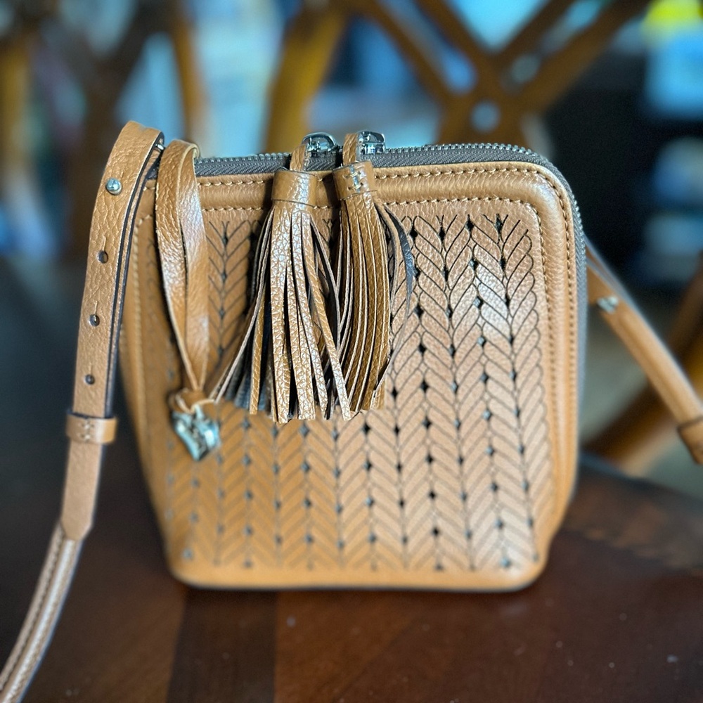 BRIGHTON FERRARA ANDRETTA LEATHER Crossbody Purse - Brown/Strap, Tassels & Charm